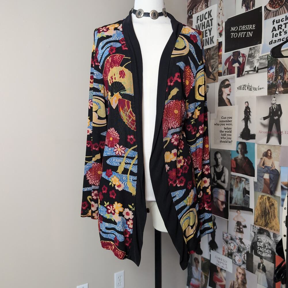 Floral Asian Print Open Front Kimono Cardigan